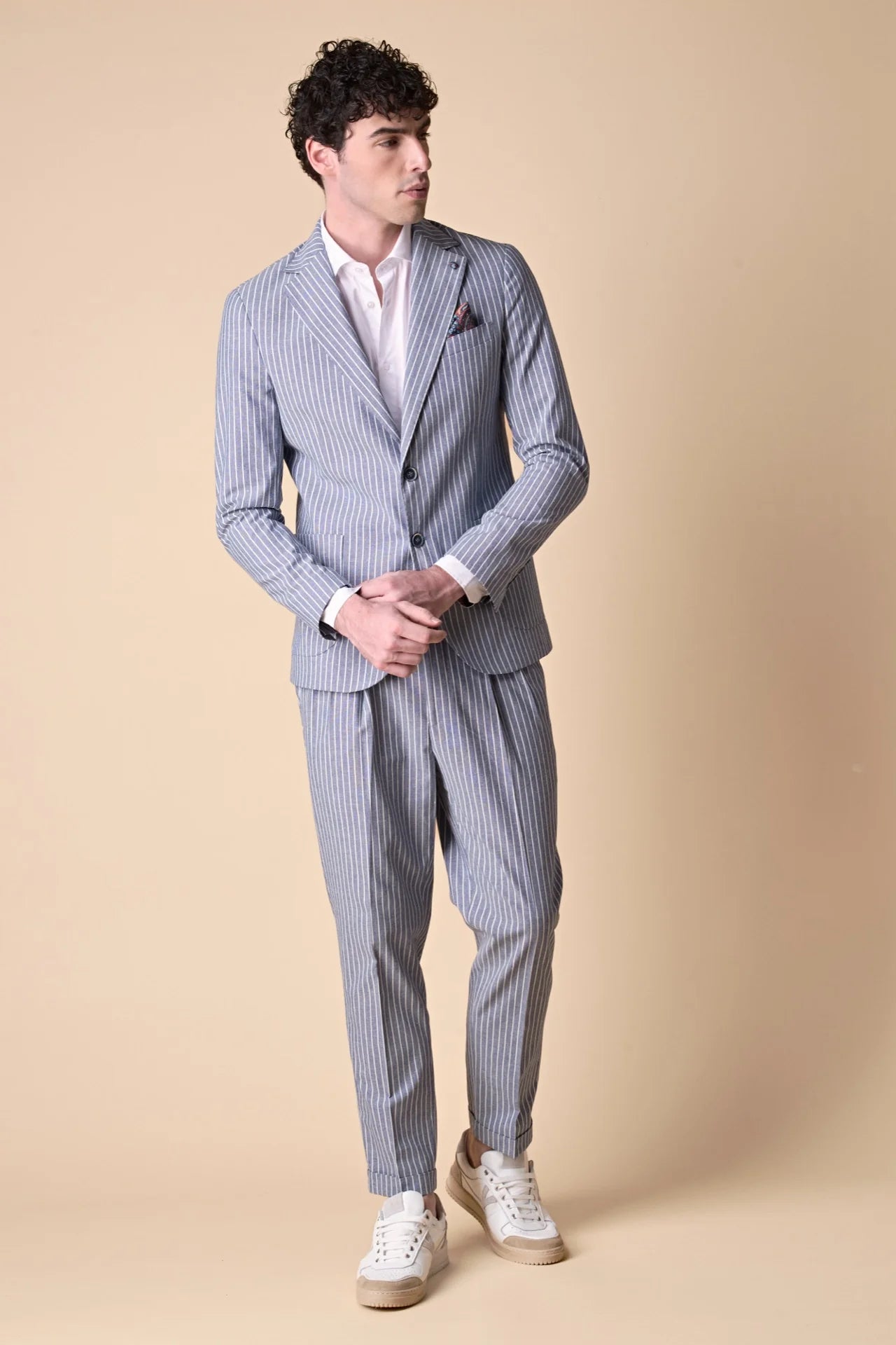 GIACCA MONOPETTO ALTA SARTORIA GESSATO BLU CON INTERNI E POCHETTE IN TESSUTO V2