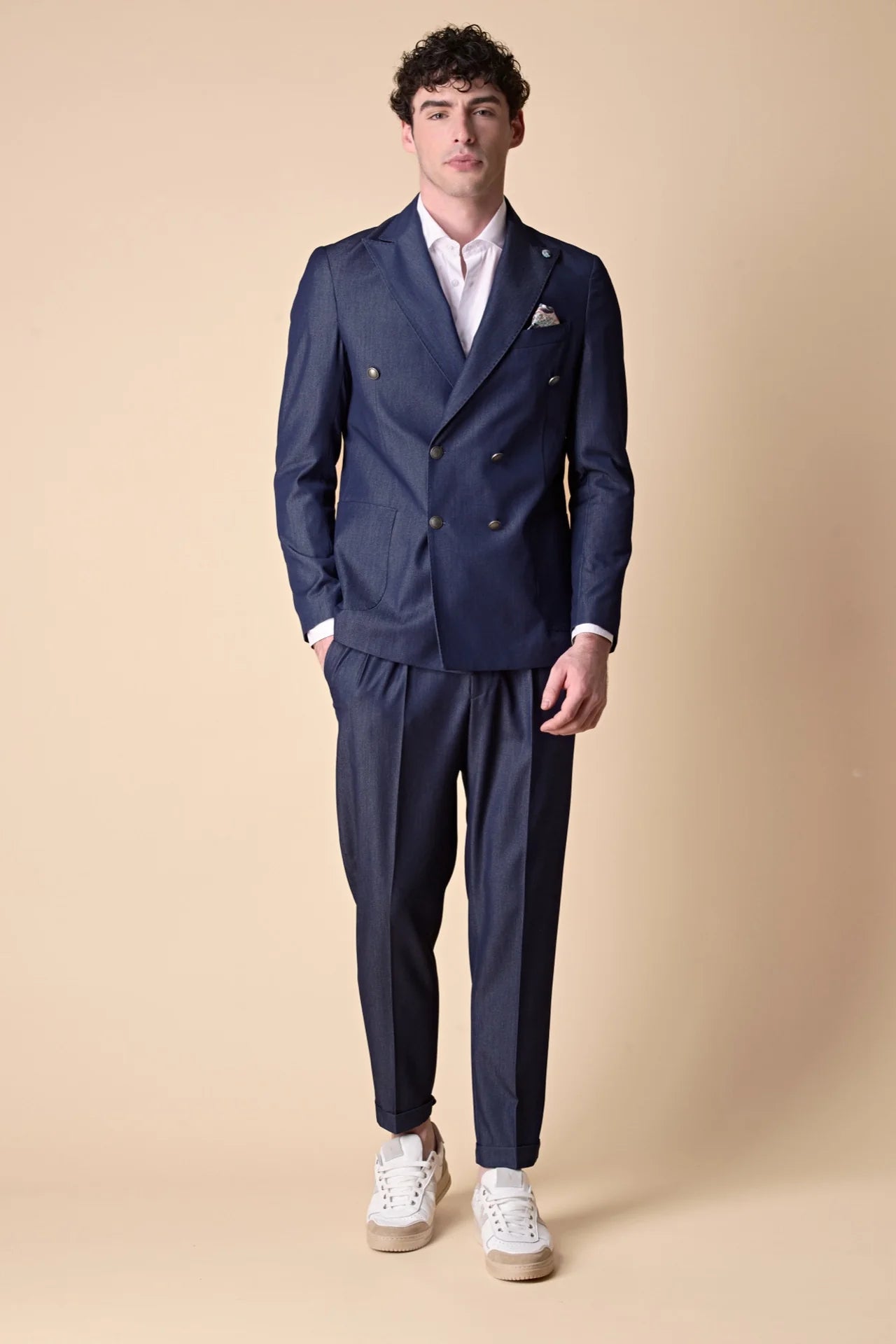 GIACCA DOPPIOPETTO ALTA SARTORIA JEANS CON INTERNI E POCHETTE IN TESSUTO V2