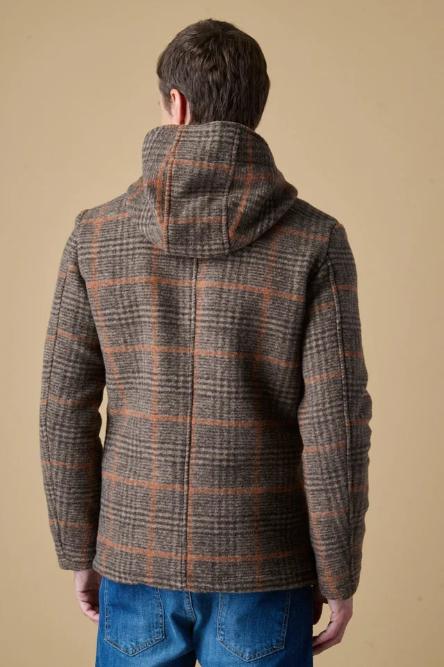 Peacoat Doppiopetto con cappuccio in Lana Cotta Principe di Galles Moro con fodera interna in Tessuto V2
