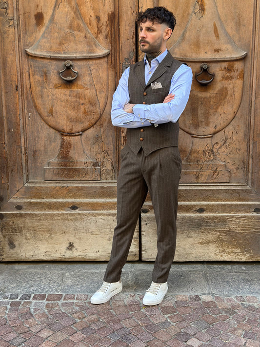 PANTALONE GESSATO MARRONE TELAMIRA