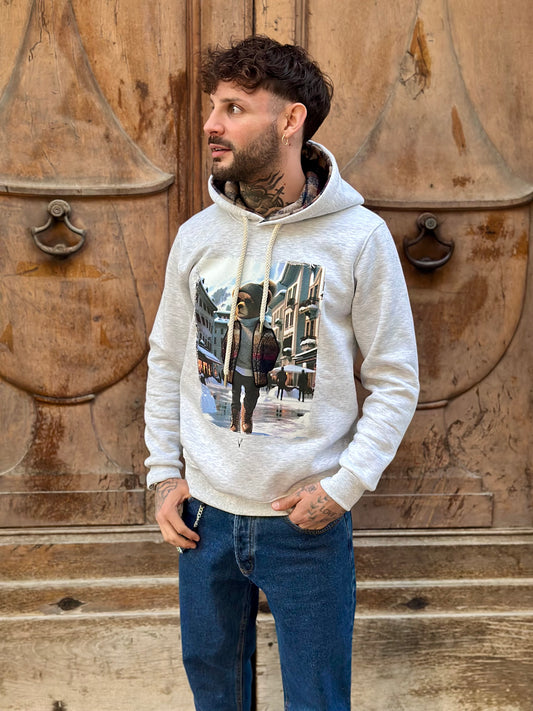 FELPA CAPPUCCIO GRIGIA CON STAMPA TEDDY E RICAMO IN TESSUTO V2