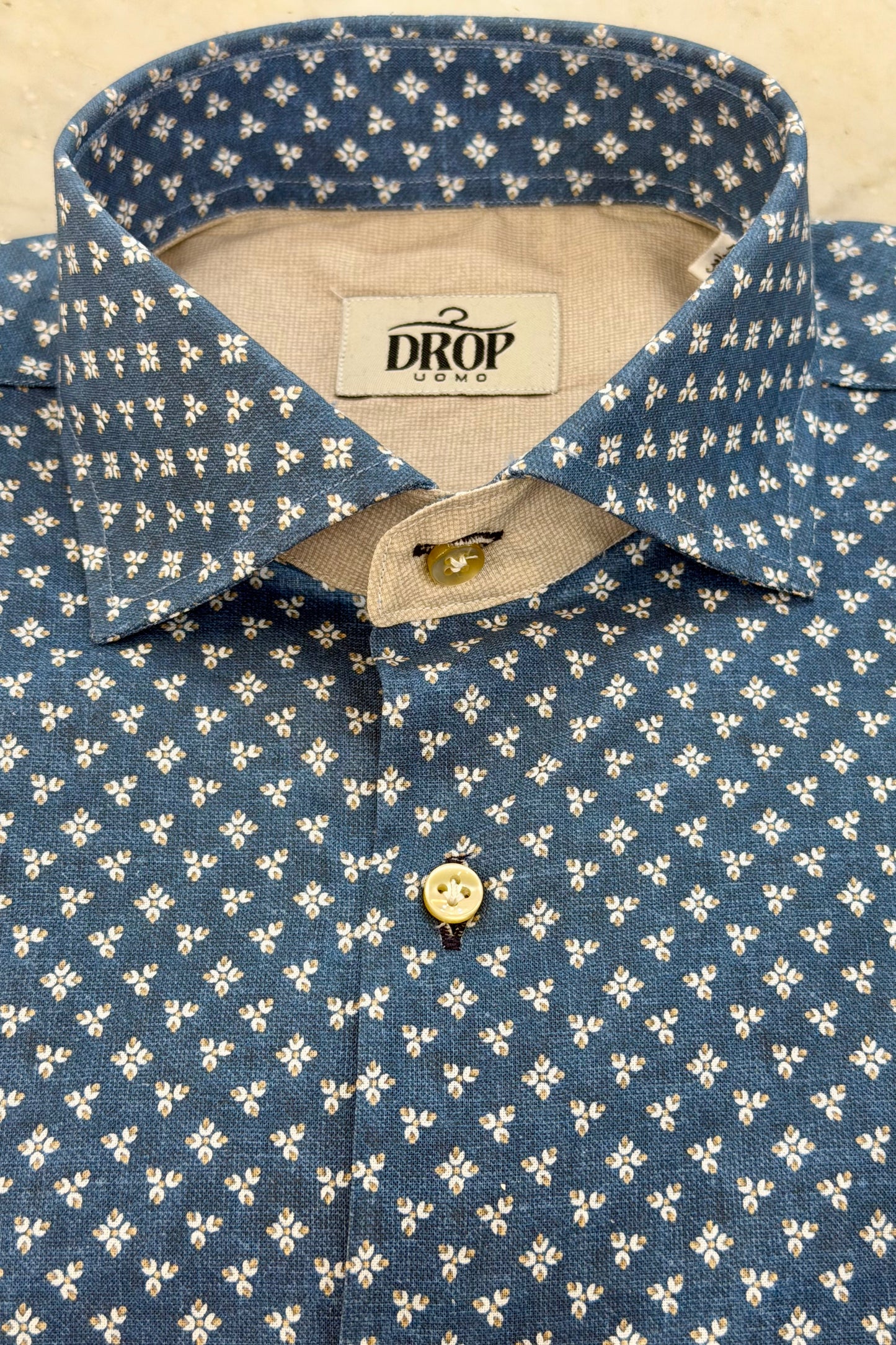 CAMICIA DROP COLOR JEANS CON FANTASIA CONTRASTO MICRO LAVORAZIONE BEIGE