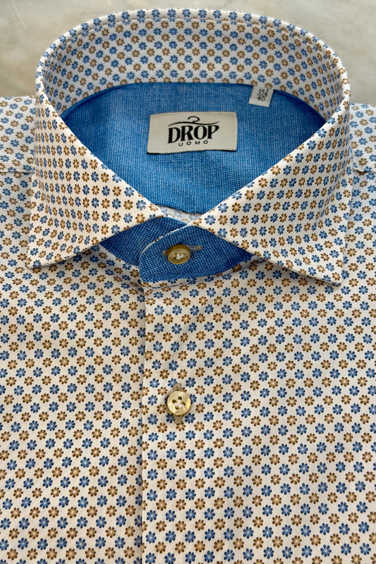 CAMICIA DROP FANTASIA BEIGE E AZZURRO CONTRASTO MICRO LAVORAZIONE AVION