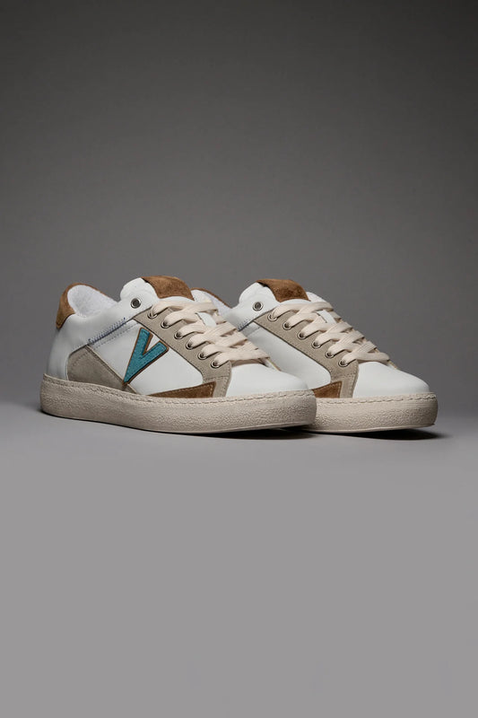 PABLITO - SNEAKERS CON INSERTI IN PELLE CUOIO SABBIA E AZZURRO E RICAMI
