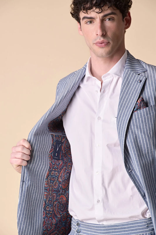 GIACCA MONOPETTO ALTA SARTORIA GESSATO BLU CON INTERNI E POCHETTE IN TESSUTO V2