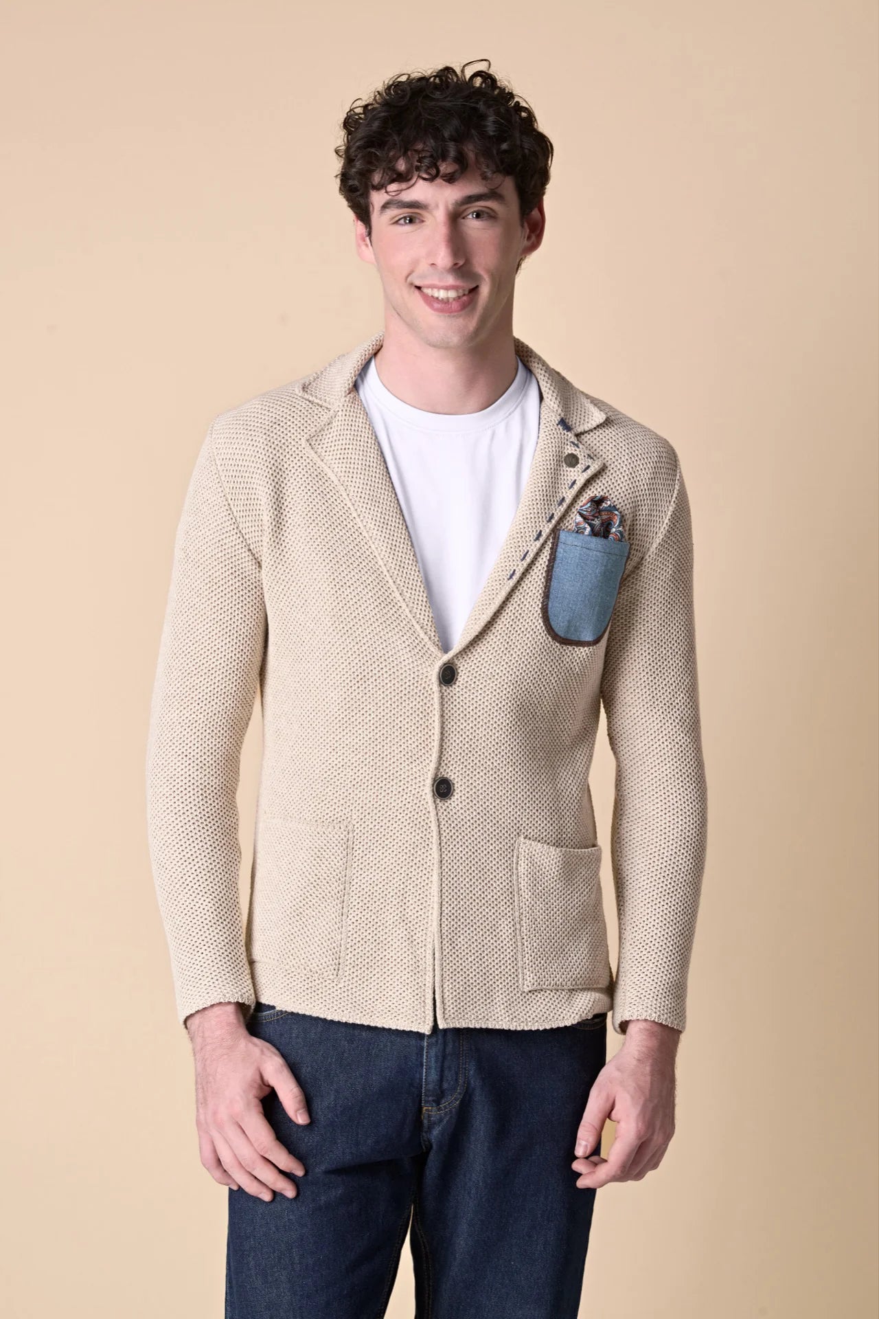 GIACCA MONOPETTO PREMIUM OCCHIO DI PERNICE BEIGE CON POCHETTE IN TESSUTO V2