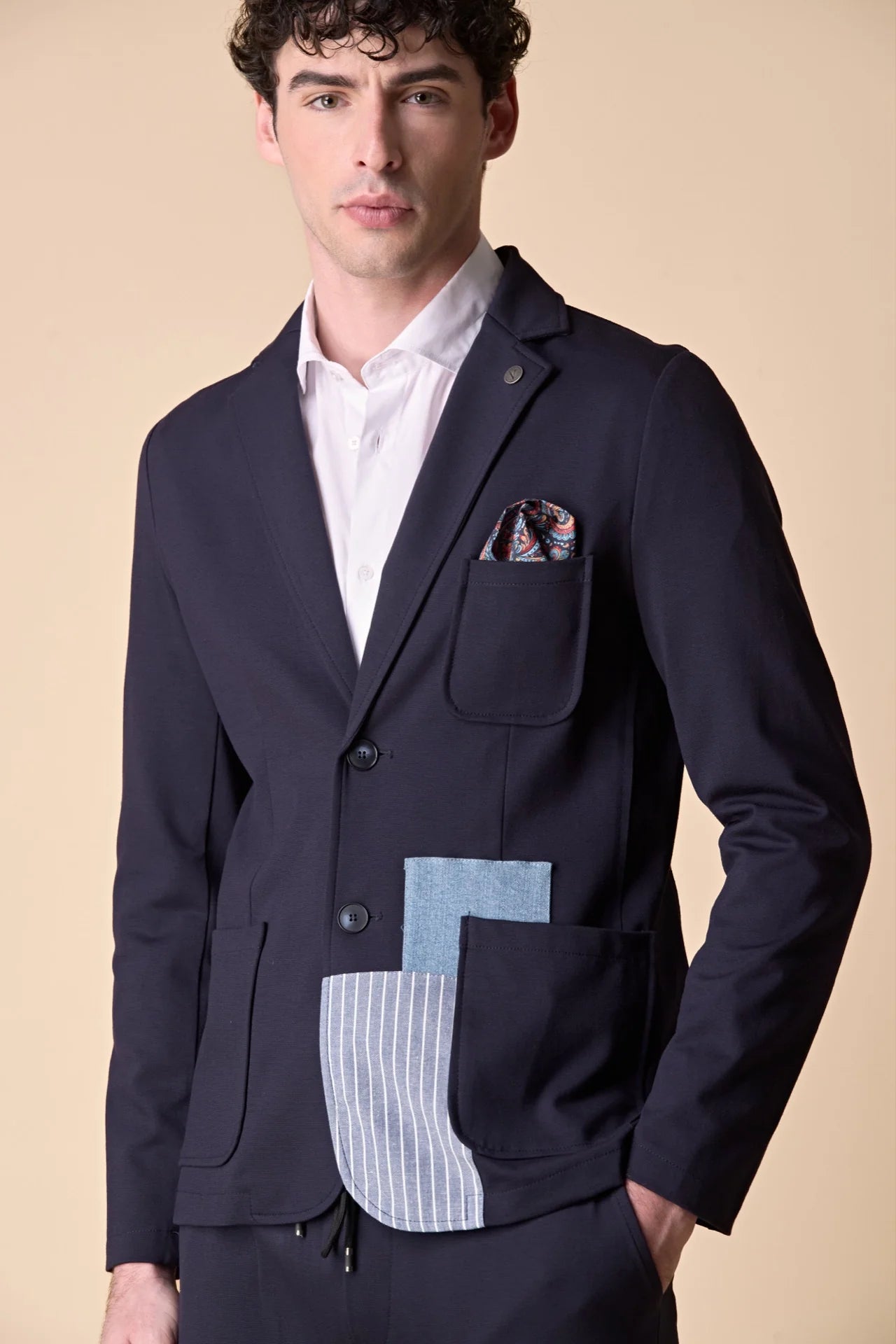 GIACCA SARTORIALE IN JERSEY BLU CON PATCHWORK IN TESSUTO V2