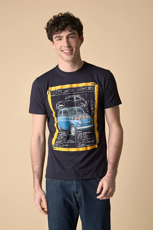 T-SHIRT BLU STAMPA MACCHINA CON INSERTO E INTERNO COLLO IN TESSUTO V2