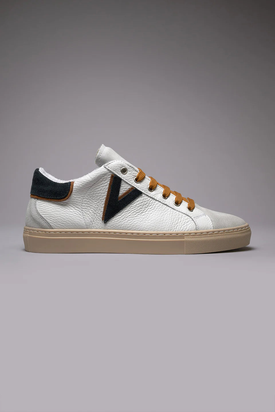 OLYMPIC V - SNEAKERS A SUOLA BASSA IN PELLE MARTELLATA CON INSERTO E RETRO BICOLOR BLU E CUOIO