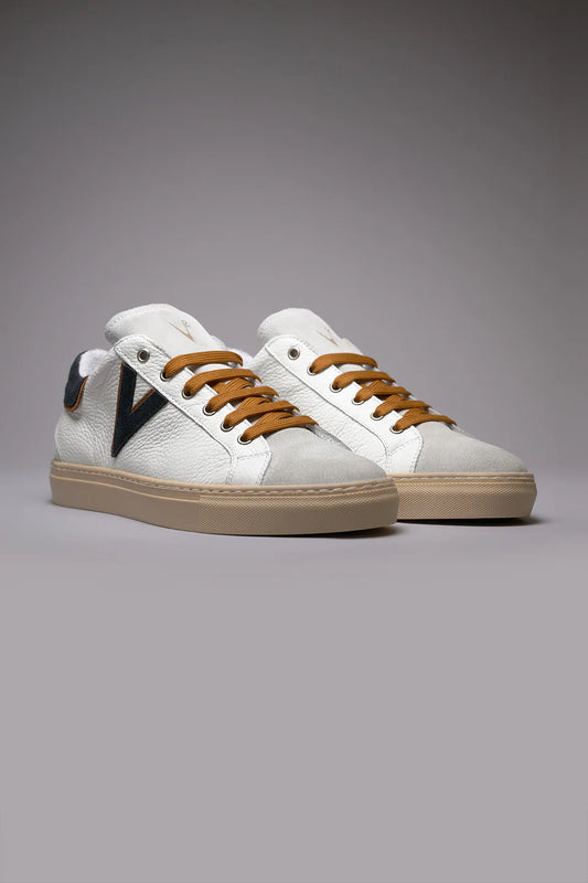 OLYMPIC V - SNEAKERS A SUOLA BASSA IN PELLE MARTELLATA CON INSERTO E RETRO BICOLOR BLU E CUOIO