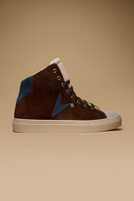 OLYMPIC MID- SNEAKERS ALTE SCAMOSCIATE MORO CON RETRO E INSERTO BLU