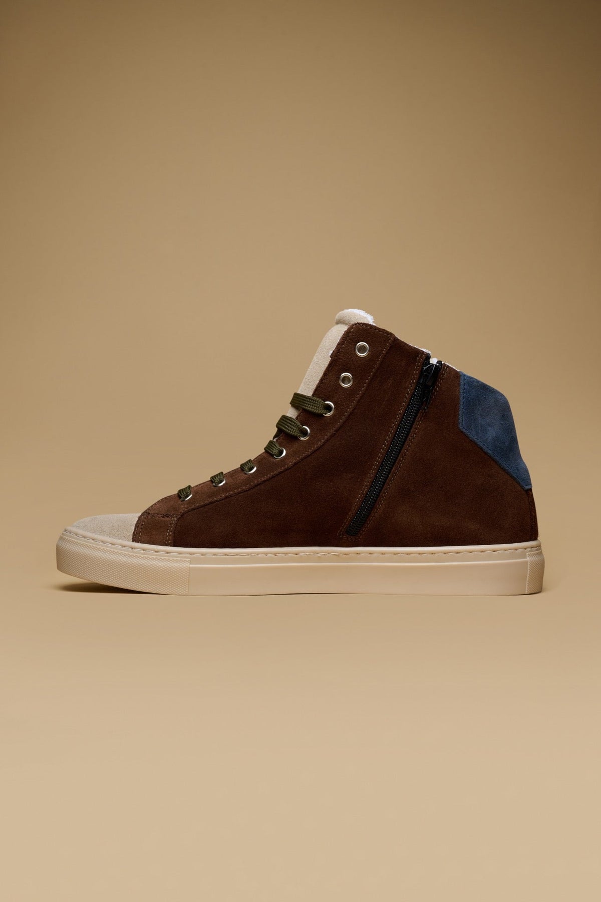OLYMPIC MID- SNEAKERS ALTE SCAMOSCIATE MORO CON RETRO E INSERTO BLU