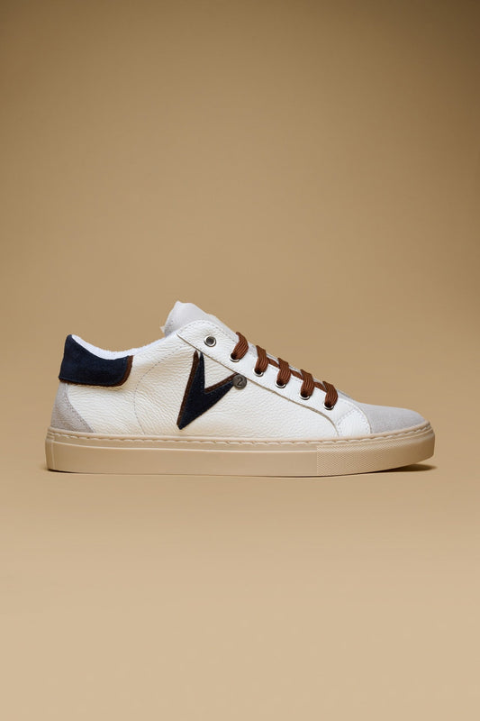 OLYMPIC V - SNEAKERS A SUOLA BASSA IN PELLE MARTELLATA CON INSERTO E RETRO BICOLOR BLU E MORO