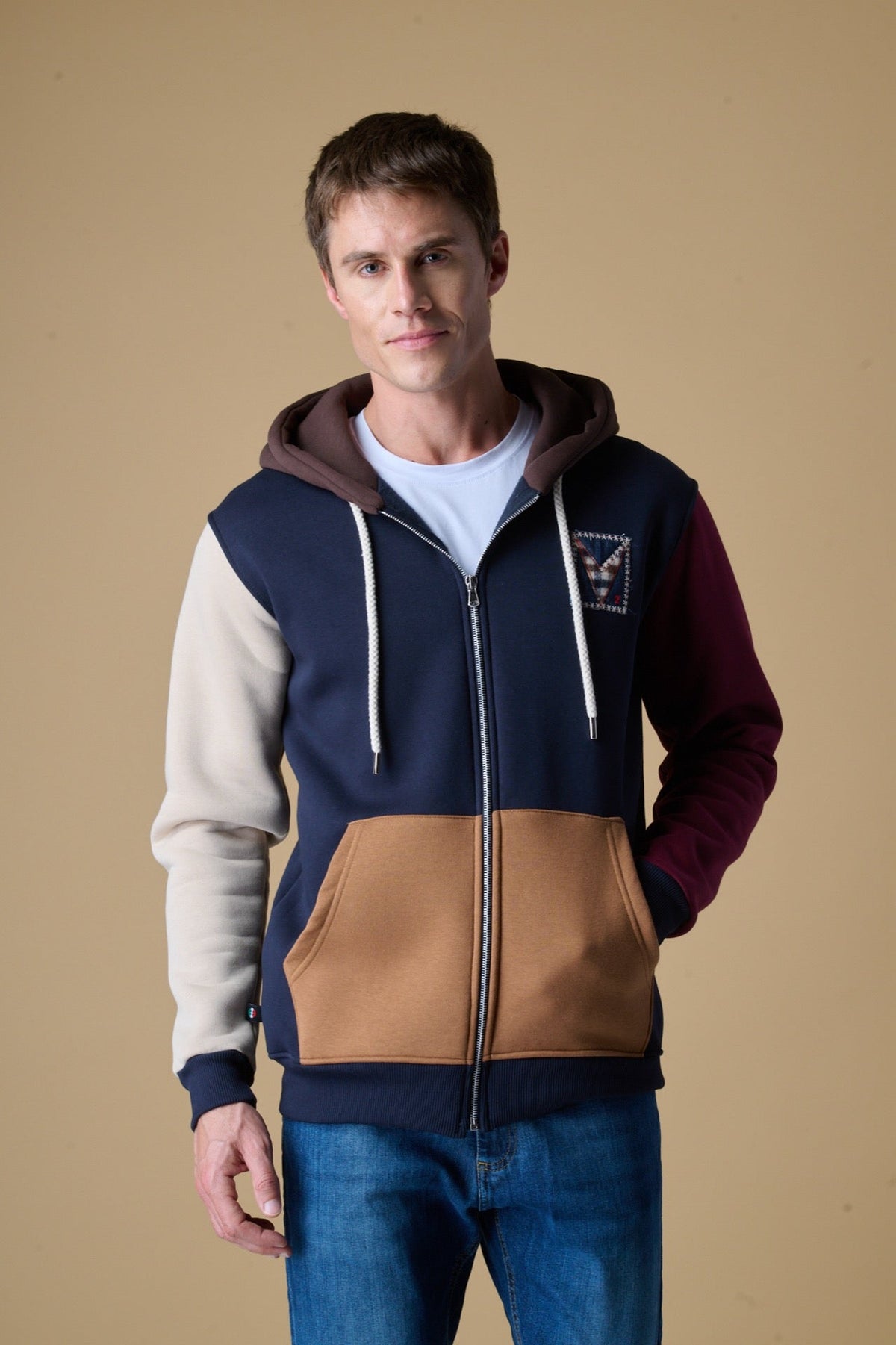FELPA CON CAPPUCCIO E ZIP 4 COLOR BLOCK BLU