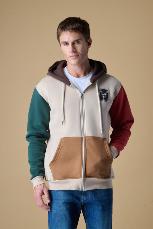 FELPA CON CAPPUCCIO E ZIP 4 COLOR BLOCK SABBIA