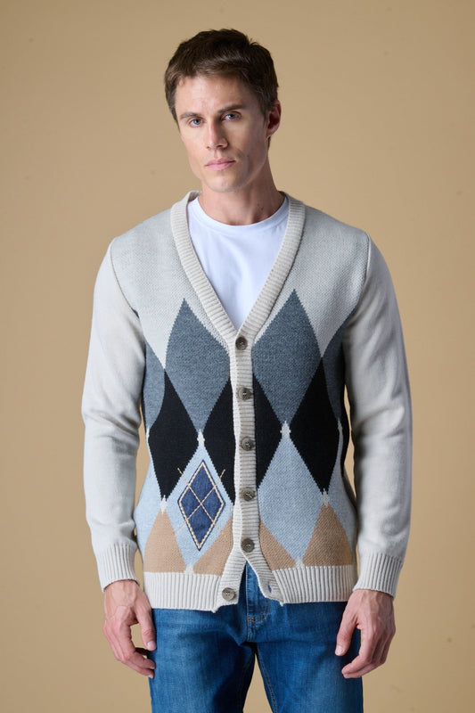 CARDIGAN BOTTONI BURRO CON INTARSIO ROMBI