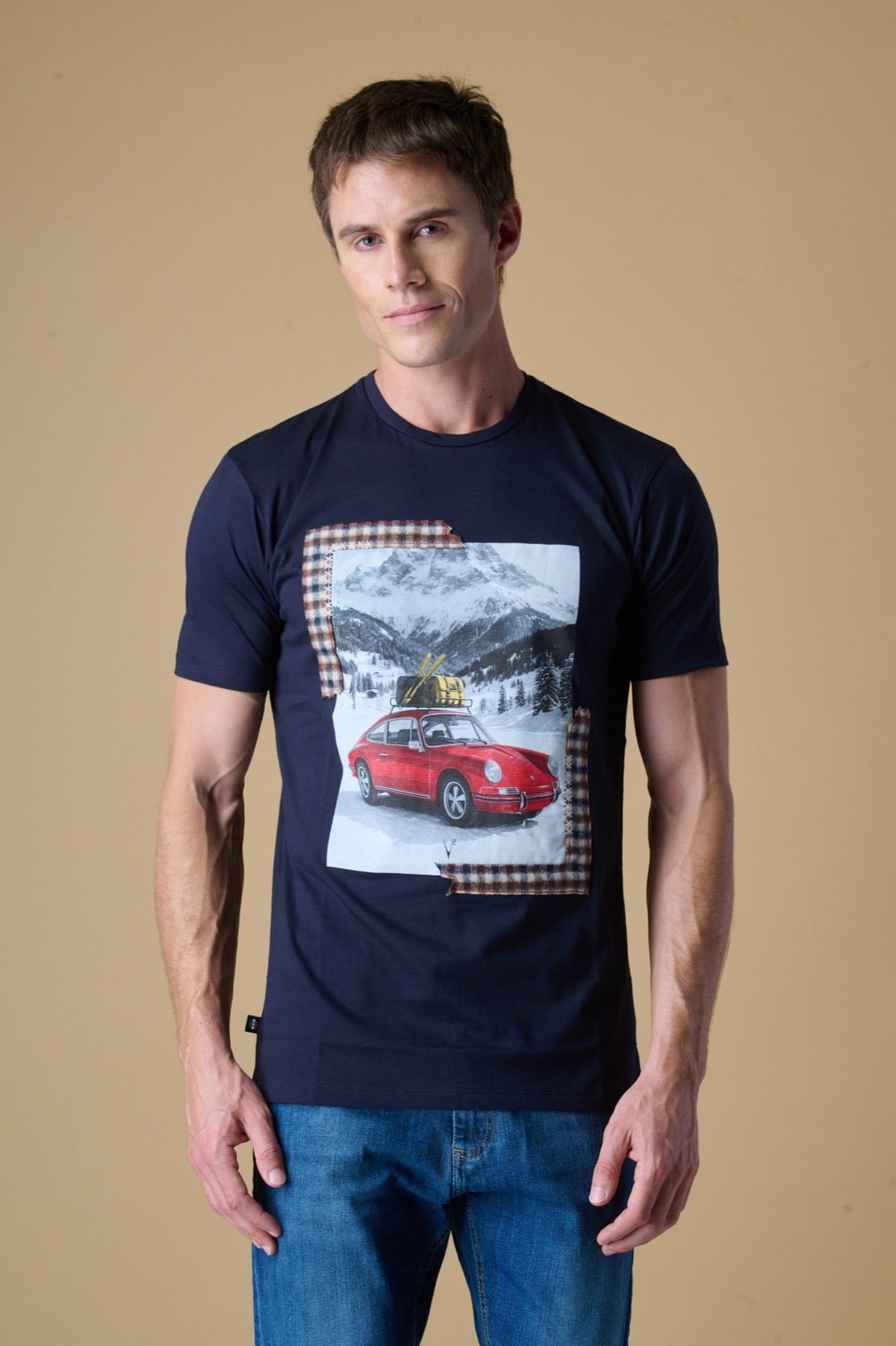 T-SHIRT BLU CON STAMPA SUPERCAR E INSERTI IN TESSUTO V2