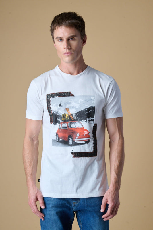 T-SHIRT BIANCA CON STAMPA MACCHINA VINTAGE E INSERTI IN TESSUTO V2