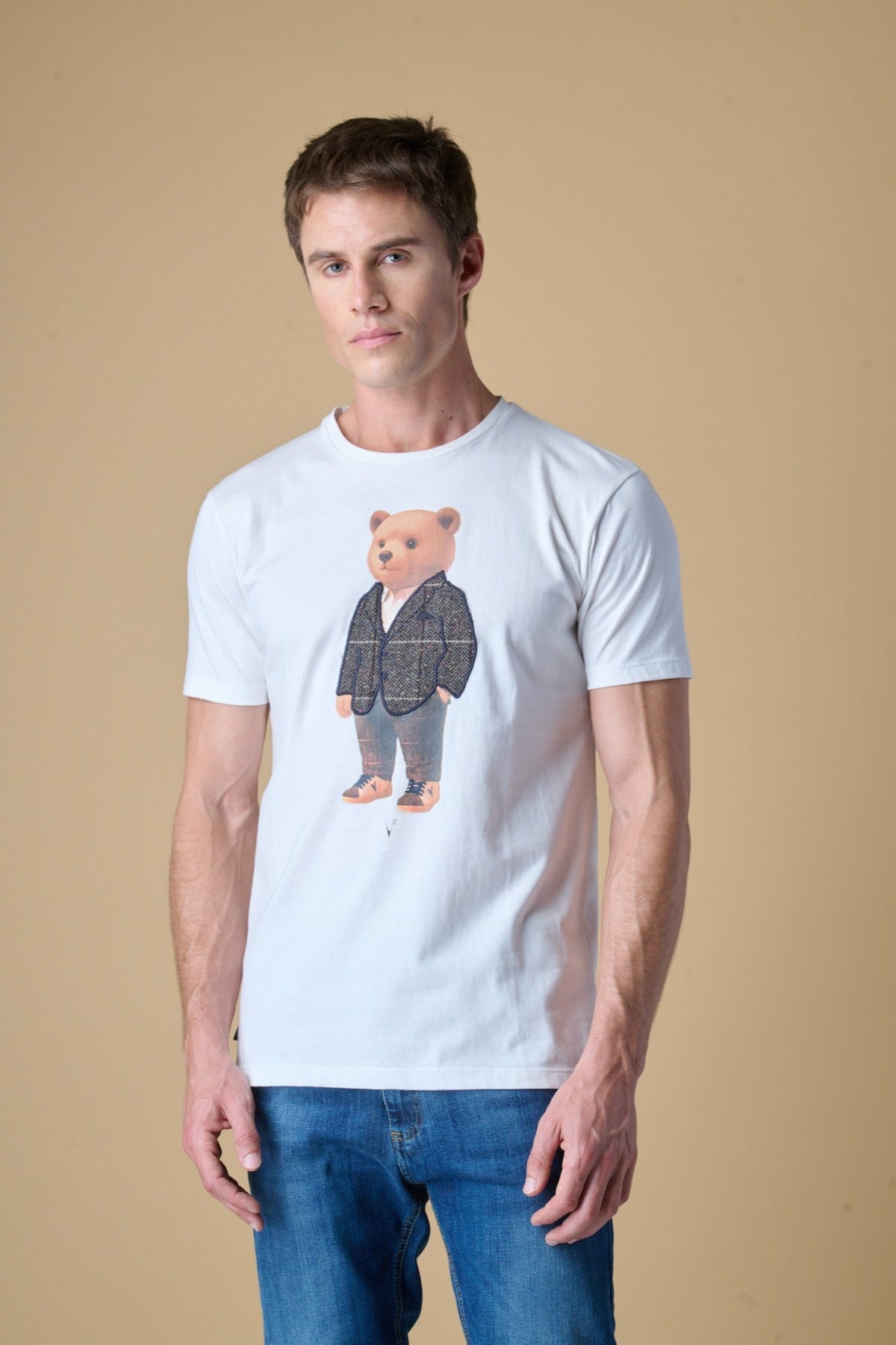 T-SHIRT PANNA CON STAMPA TEDDY E INSERTI IN TESSUTO V2