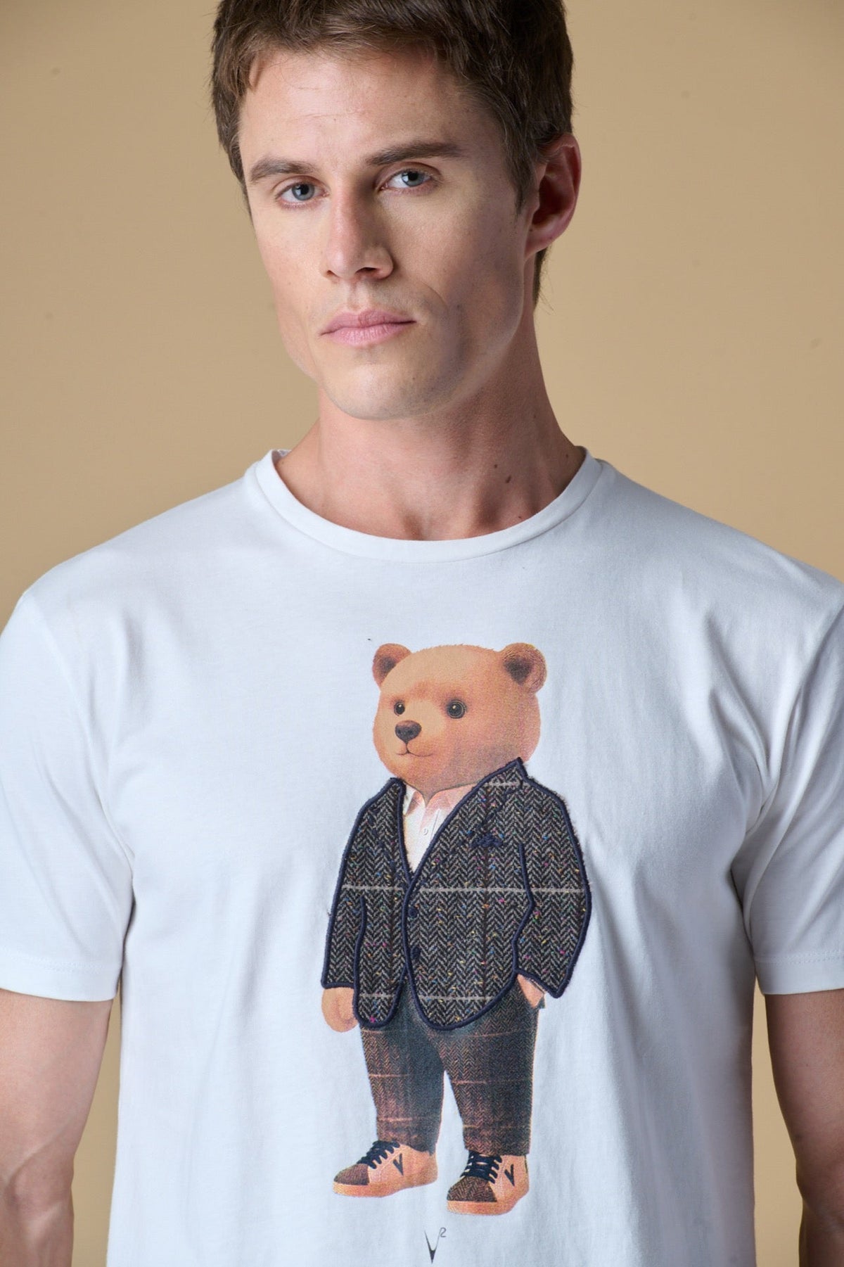 T-SHIRT PANNA CON STAMPA TEDDY E INSERTI IN TESSUTO V2