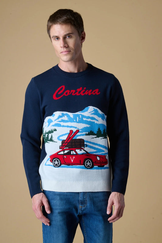 Maglione Girocollo con intarsio Jaquard Cortina Blu