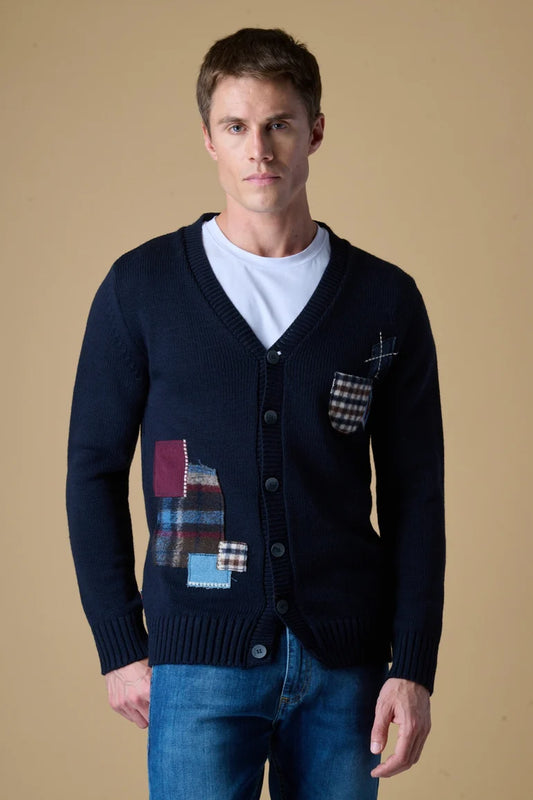 Cardigan con Bottoni Blu Multi Patch ricamate in tessuto V2
