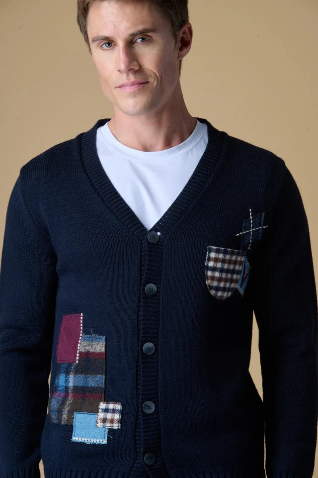 Cardigan con Bottoni Blu Multi Patch ricamate in tessuto V2