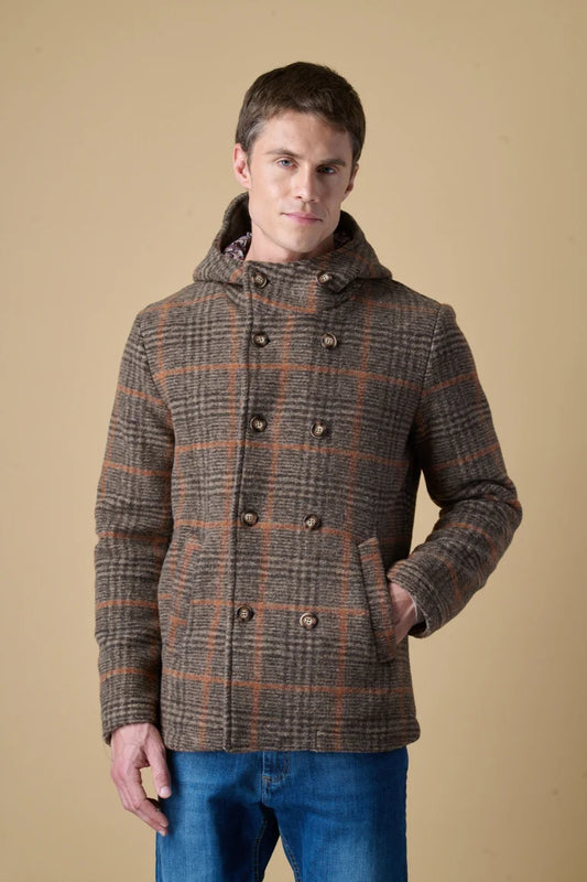 Peacoat Doppiopetto con cappuccio in Lana Cotta Principe di Galles Moro con fodera interna in Tessuto V2