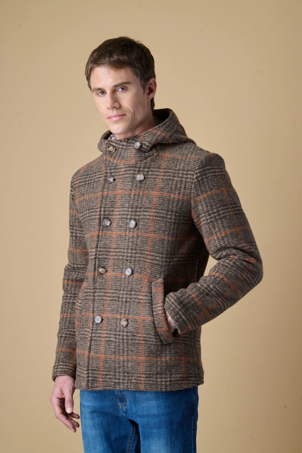 Peacoat Doppiopetto con cappuccio in Lana Cotta Principe di Galles Moro con fodera interna in Tessuto V2