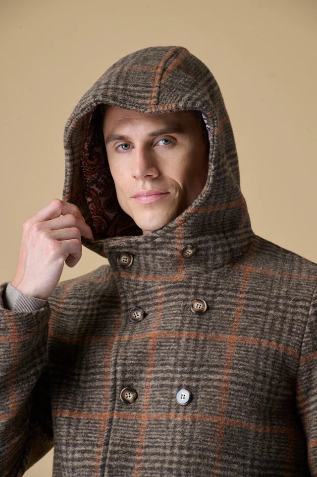 Peacoat Doppiopetto con cappuccio in Lana Cotta Principe di Galles Moro con fodera interna in Tessuto V2