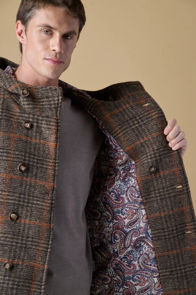 Peacoat Doppiopetto con cappuccio in Lana Cotta Principe di Galles Moro con fodera interna in Tessuto V2