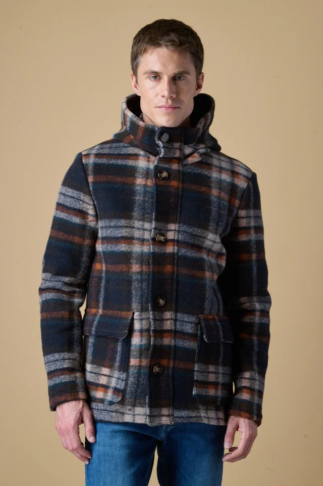 Parka Corto in Lana Cotta Check Moro con fodera interna in Tessuto V2.