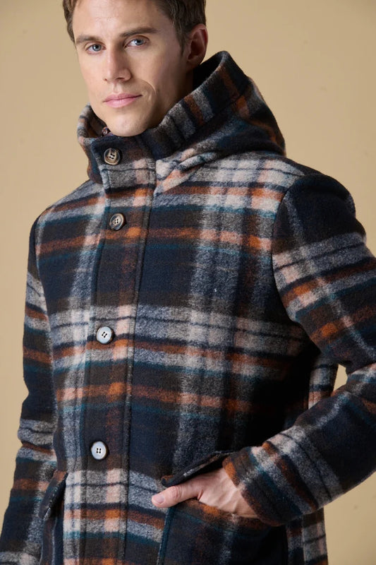 Parka Corto in Lana Cotta Check Moro con fodera interna in Tessuto V2.