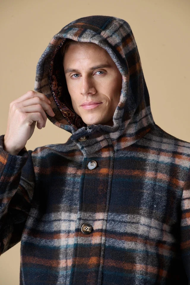 Parka Corto in Lana Cotta Check Moro con fodera interna in Tessuto V2.