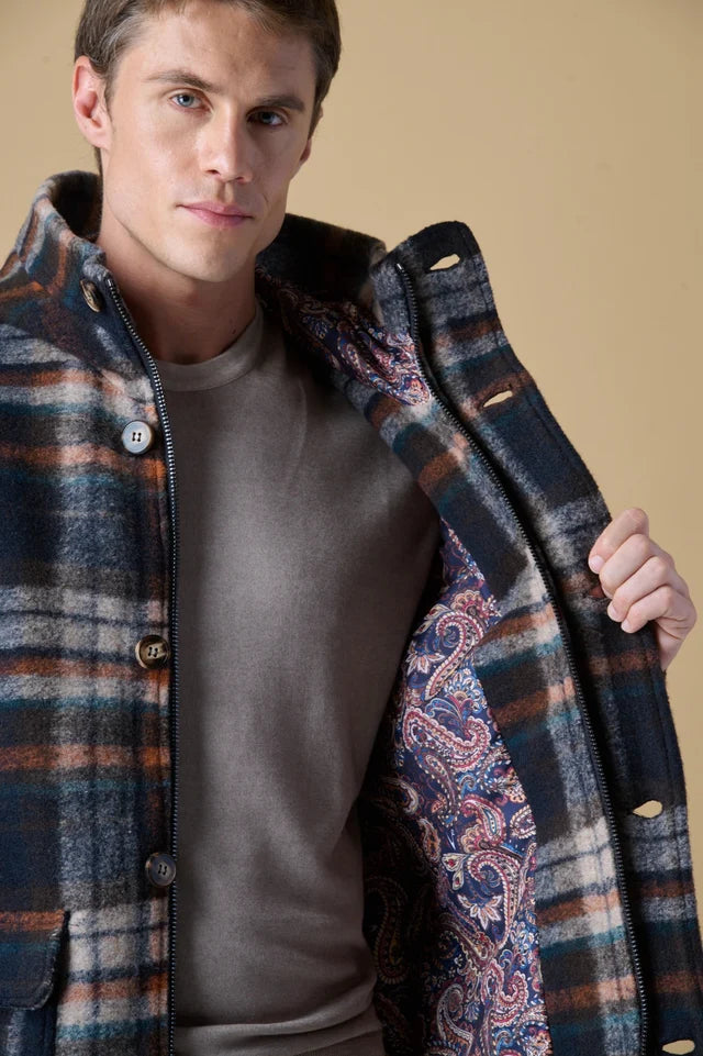 Parka Corto in Lana Cotta Check Moro con fodera interna in Tessuto V2.