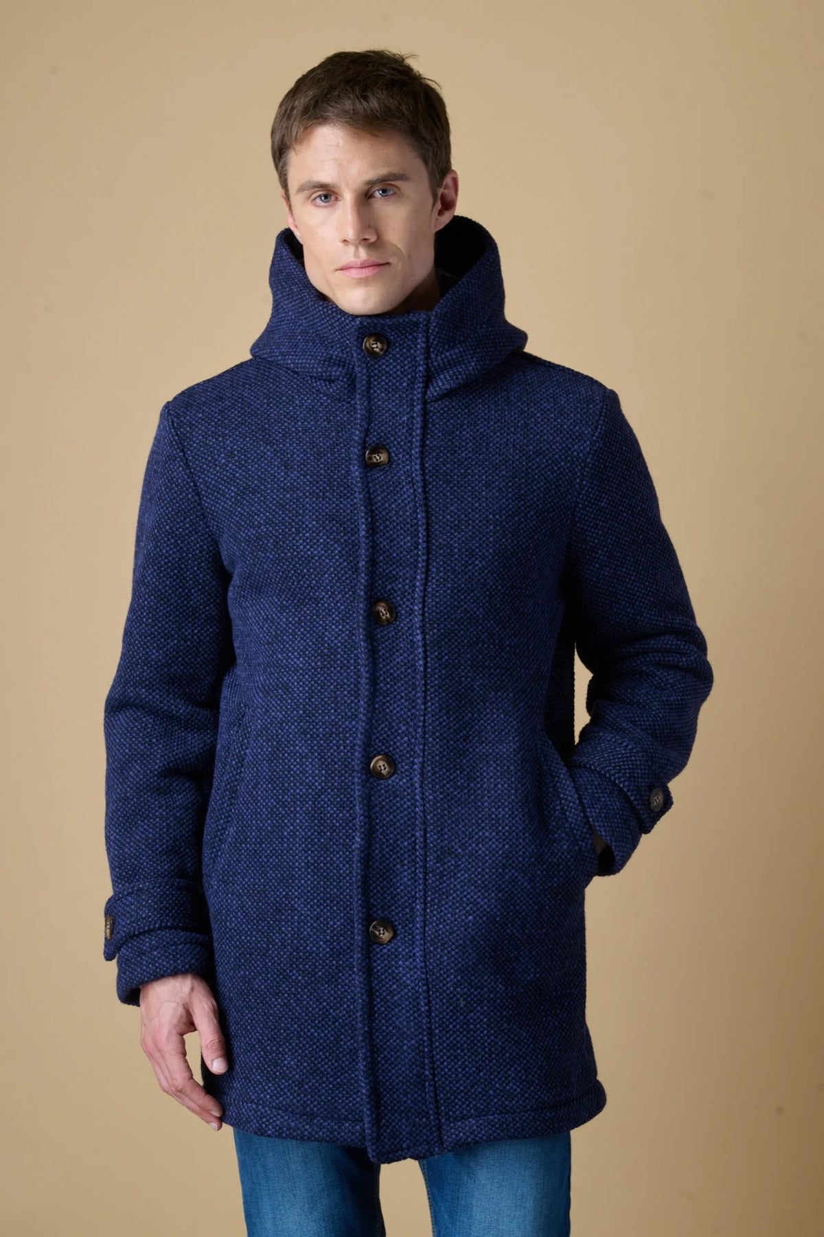 Parka Lungo Punto Riso con Cappuccio Melange Blu con fodera interna in Tessuto V2