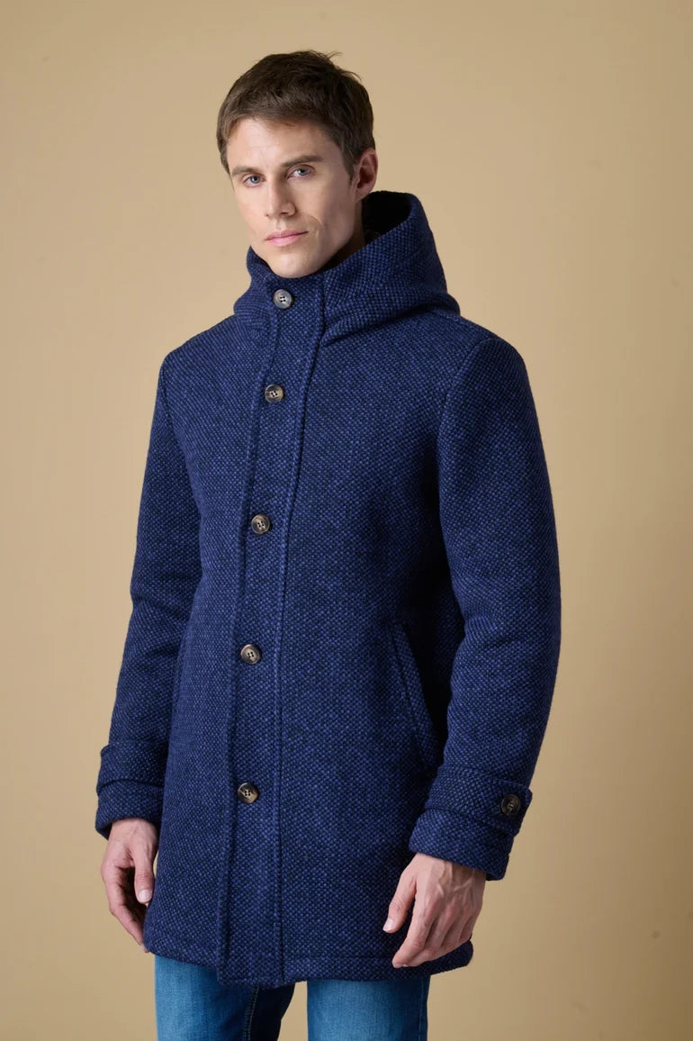Parka Lungo Punto Riso con Cappuccio Melange Blu con fodera interna in Tessuto V2
