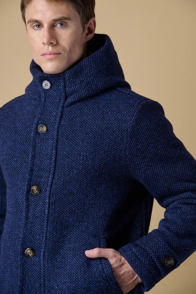 Parka Lungo Punto Riso con Cappuccio Melange Blu con fodera interna in Tessuto V2