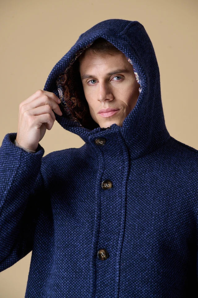 Parka Lungo Punto Riso con Cappuccio Melange Blu con fodera interna in Tessuto V2