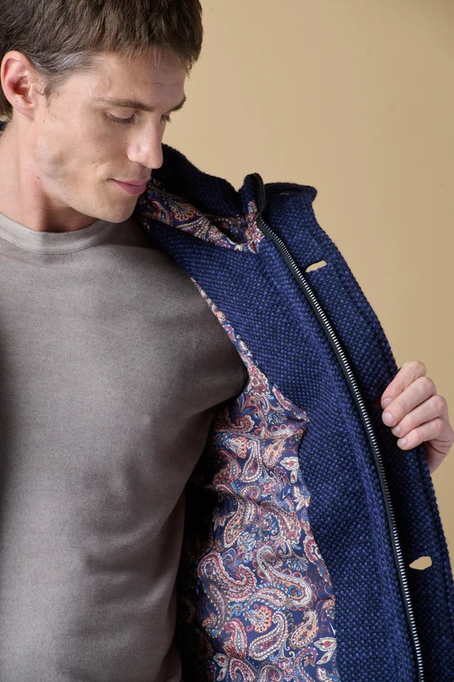 Parka Lungo Punto Riso con Cappuccio Melange Blu con fodera interna in Tessuto V2