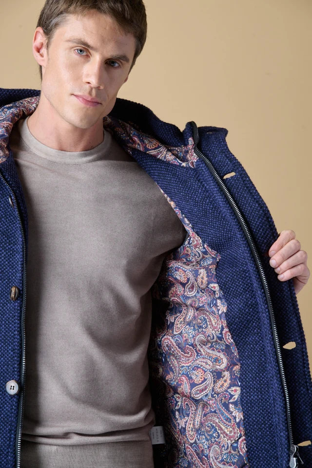 Parka Lungo Punto Riso con Cappuccio Melange Blu con fodera interna in Tessuto V2