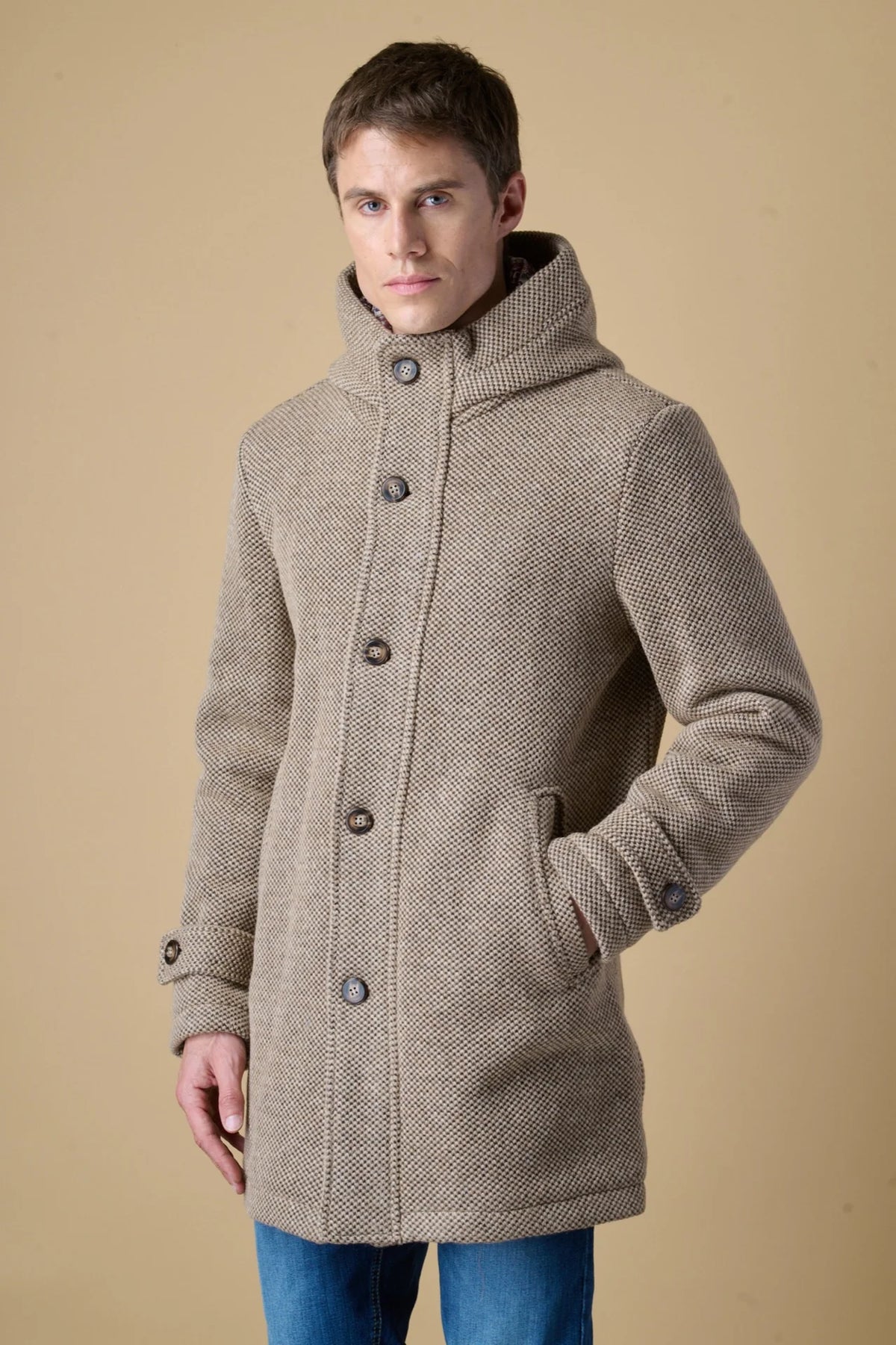 Parka Lungo Punto Riso con Cappuccio Melange Sabbia con fodera interna in Tessuto V2