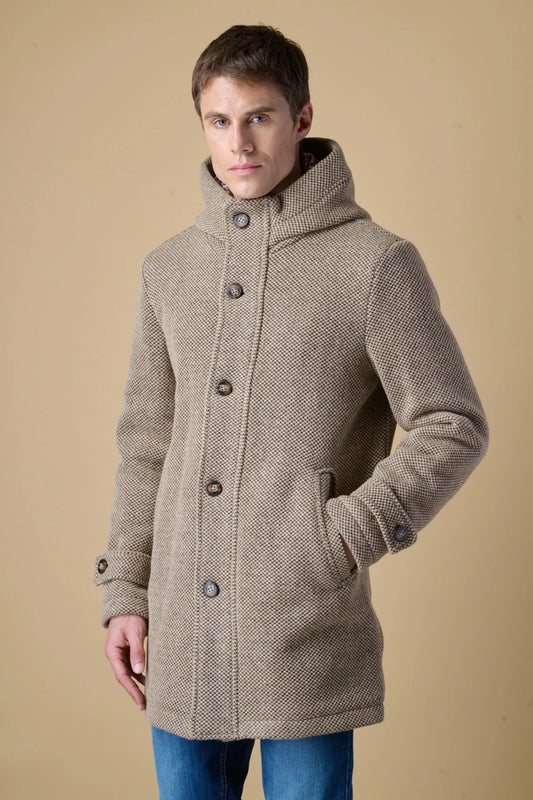 Parka Lungo Punto Riso con Cappuccio Melange Sabbia con fodera interna in Tessuto V2