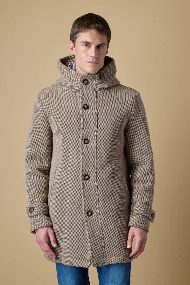 Parka Lungo Punto Riso con Cappuccio Melange Sabbia con fodera interna in Tessuto V2