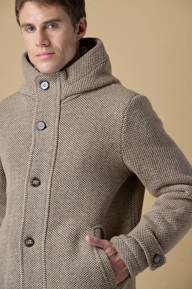 Parka Lungo Punto Riso con Cappuccio Melange Sabbia con fodera interna in Tessuto V2