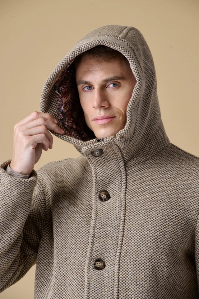 Parka Lungo Punto Riso con Cappuccio Melange Sabbia con fodera interna in Tessuto V2